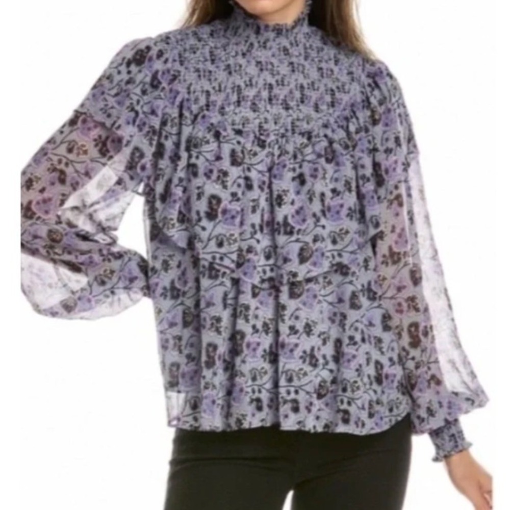 Cinq a Sept Drew Georgette Top Womens Small Purple Floral Smocked Sheer Romantic